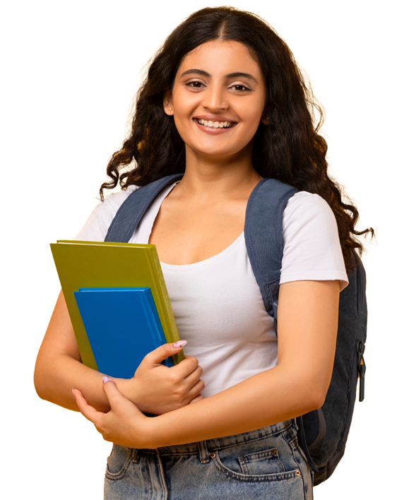 A girl with glasses holding a copybook